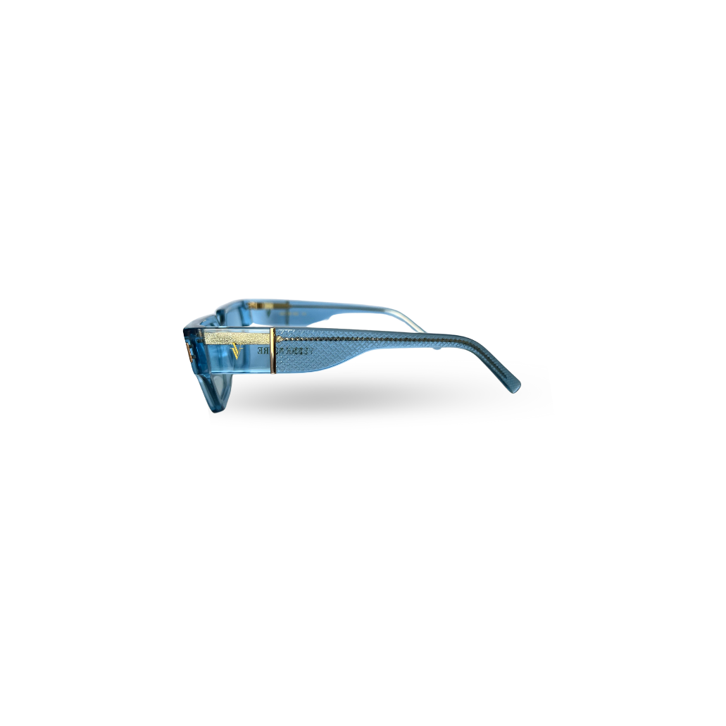 Close-up of Verre Noire gold logo on transparent blue sunglass temple