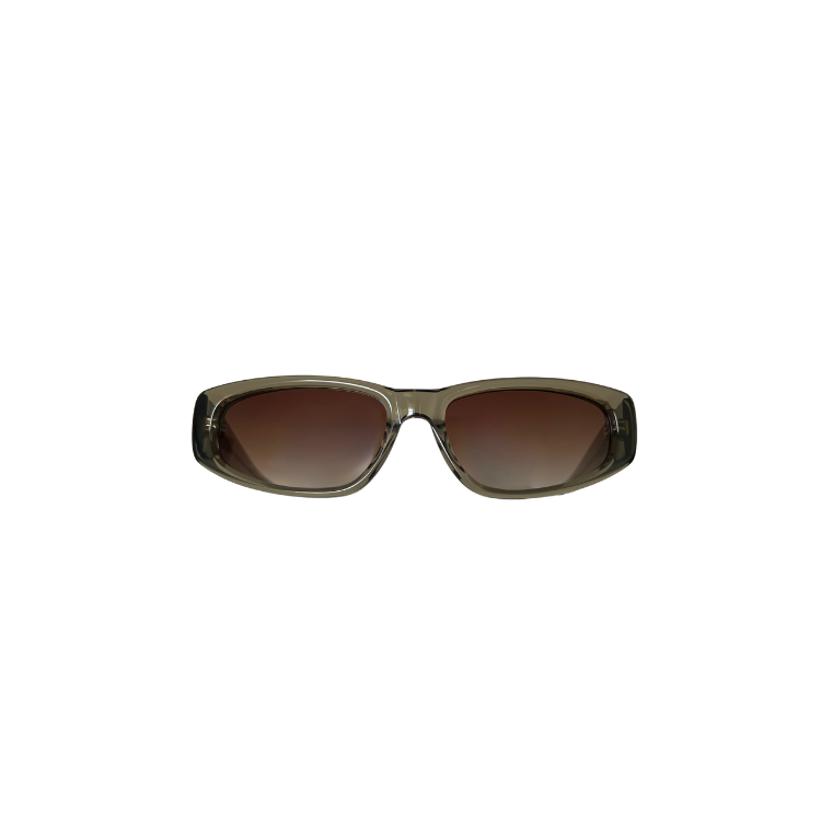 Bottom view of transparent olive green rectangle sunglasses