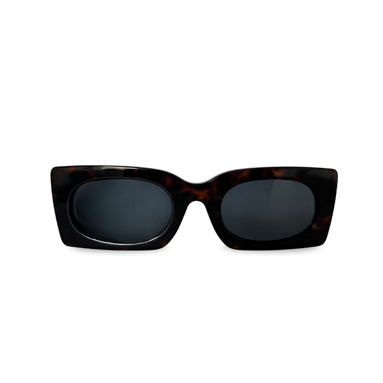 Front view of black rectangle sunglasses with flat lenses
