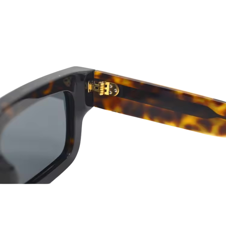 Hinge closeup of Tortoise Elite sunglasses highlighting temple design