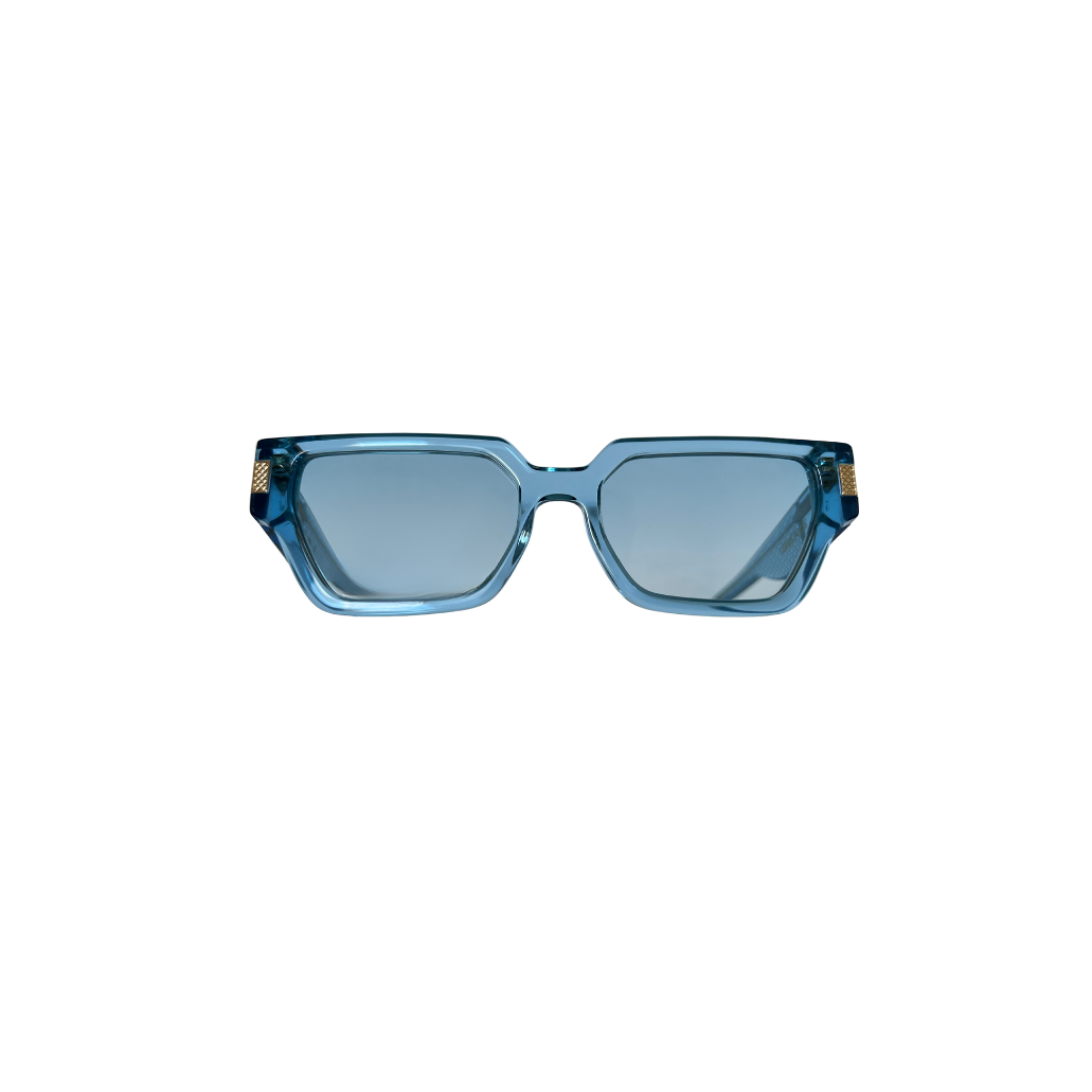 Underhead view of Capri Frame sunglasses in clear blue acetate